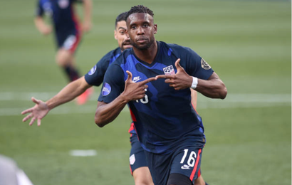 United States forward Jordan Siebatcheu (16) celebrates with teammates after scoring a goal in action during the CONCACAF Nations League semifinal match between the United States and Honduras