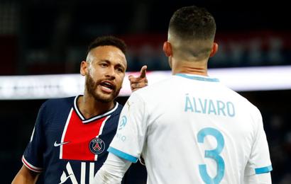 Paris Saint-Germain's Neymar clashes with Olympique de Marseille's Alvaro Gonzalez at Parc des Princes.