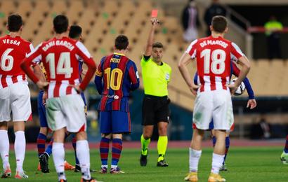FC Barcelona v Athletic Bilbao - Estadio La Cartuja de Sevilla, Seville, Spain - January 17, 2021 Barcelona's Lionel Messi is shown a red card by referee Jesus Gil Manzano