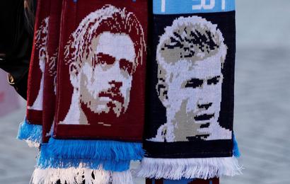 Carabao Cup Final - Aston Villa v Manchester City - Wembley Stadium, London, Britain - March 1, 2020 General view of the faces of Aston Villa's Jack Grealish and Manchester City's Kevin De Bruyne on scarves