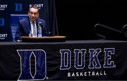 Head coach Mike Krzyzewski of the Duke Blue Devils speaks during a press conference announcing his retirement at Cameron Indoor Stadium